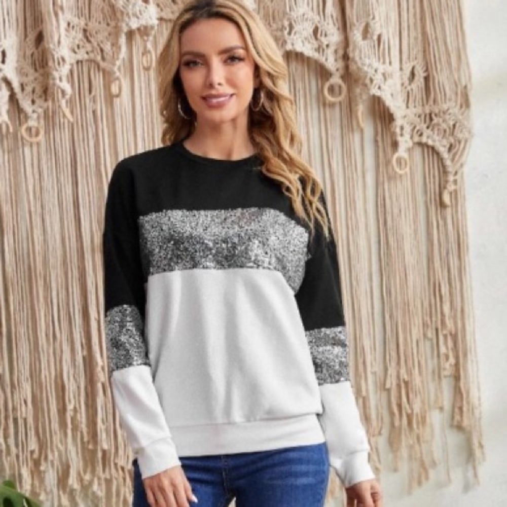 Long sleeve silver sequins block top with white and black.